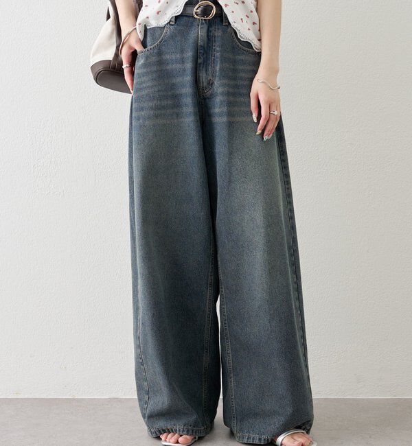  「ベルト付きカーブワイドデニム」|デニム|