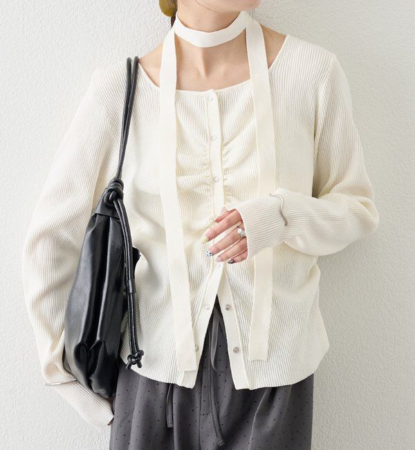  「タイ付きスクエアネックカーディガン」|カーディガン|アイボリー