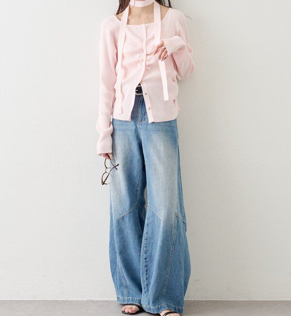  「タイ付きスクエアネックカーディガン」|カーディガン|