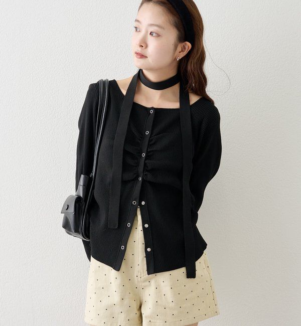  「タイ付きスクエアネックカーディガン」|カーディガン|