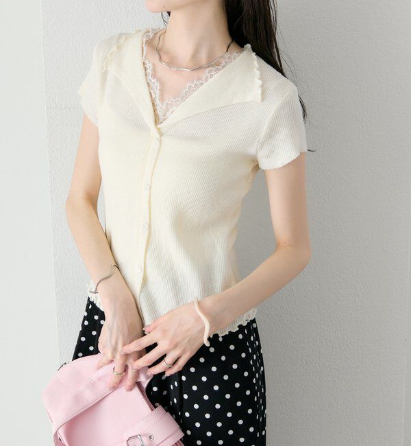  「レースドッキング半袖ニットカーディガン」|カーディガン|