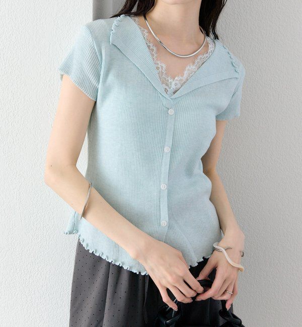  「レースドッキング半袖ニットカーディガン」|カーディガン|ブルー