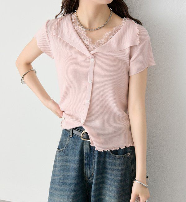  「レースドッキング半袖ニットカーディガン」|カーディガン|