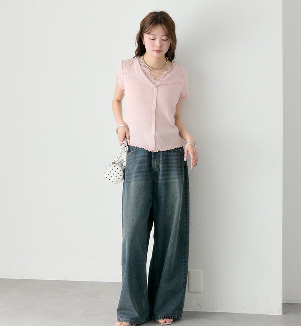  「レースドッキング半袖ニットカーディガン」|カーディガン|