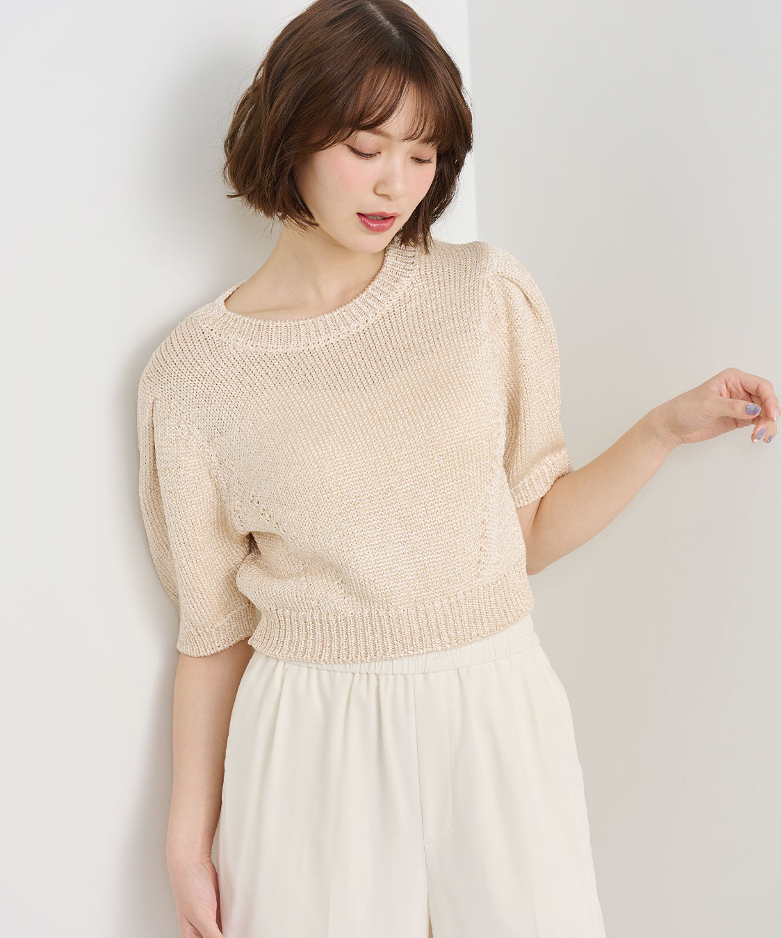 COCO DEAL「シャイニーリリヤーンハーフスリーブニット」|ニット・セーター|ベージュ