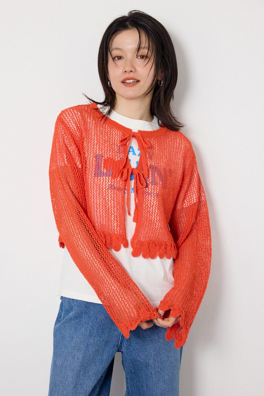 RODEO CROWNS「メッシュ柄リボンボレロ」|カーディガン|RED