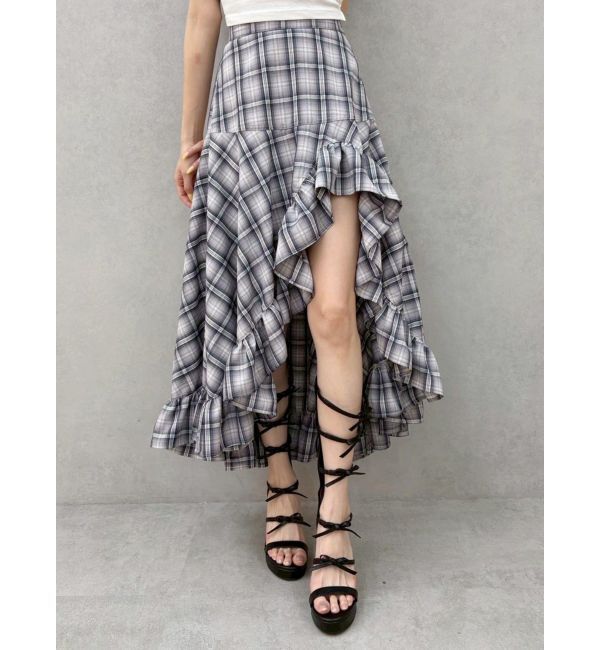 EVRIS「ランダムチェックアシンメトリースカート」|スカート|グレー