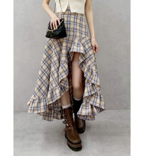 EVRIS「ランダムチェックアシンメトリースカート」|スカート|