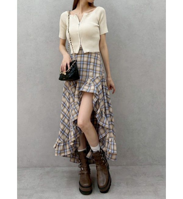 EVRIS「ランダムチェックアシンメトリースカート」|スカート|