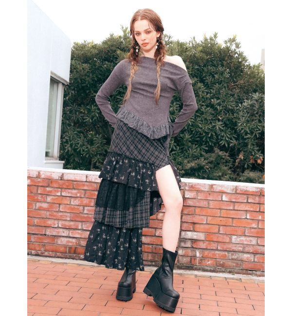 EVRIS「ミックスドッキングアシンメトリースカート」|スカート|