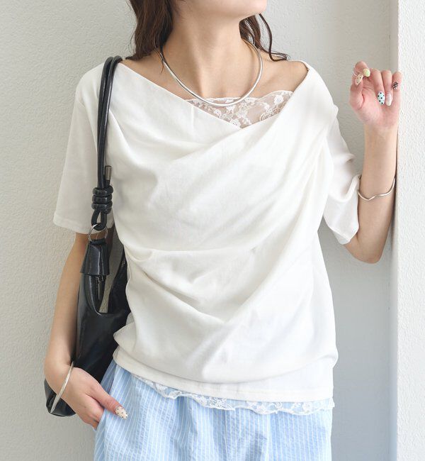  「レースドッキングオフショル半袖Tシャツ」|Tシャツ・カットソー|