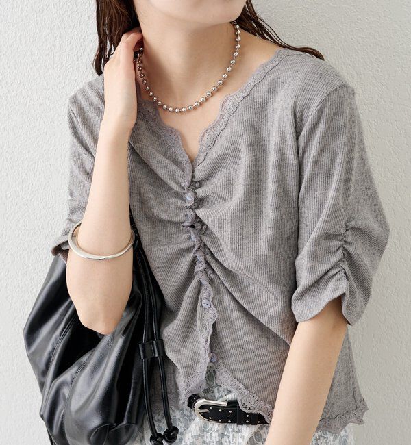  「半袖ギャザーリブカーディガン」|Tシャツ・カットソー|