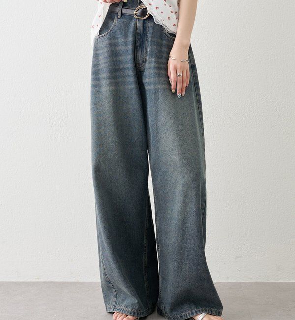  「ベルト付きカーブワイドデニム」|デニム|