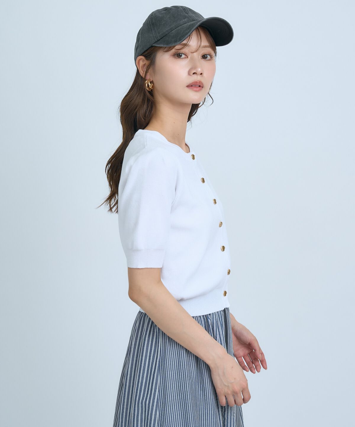 アンドクチュール「異素材リボン半袖ニットカーディガン」|カーディガン|