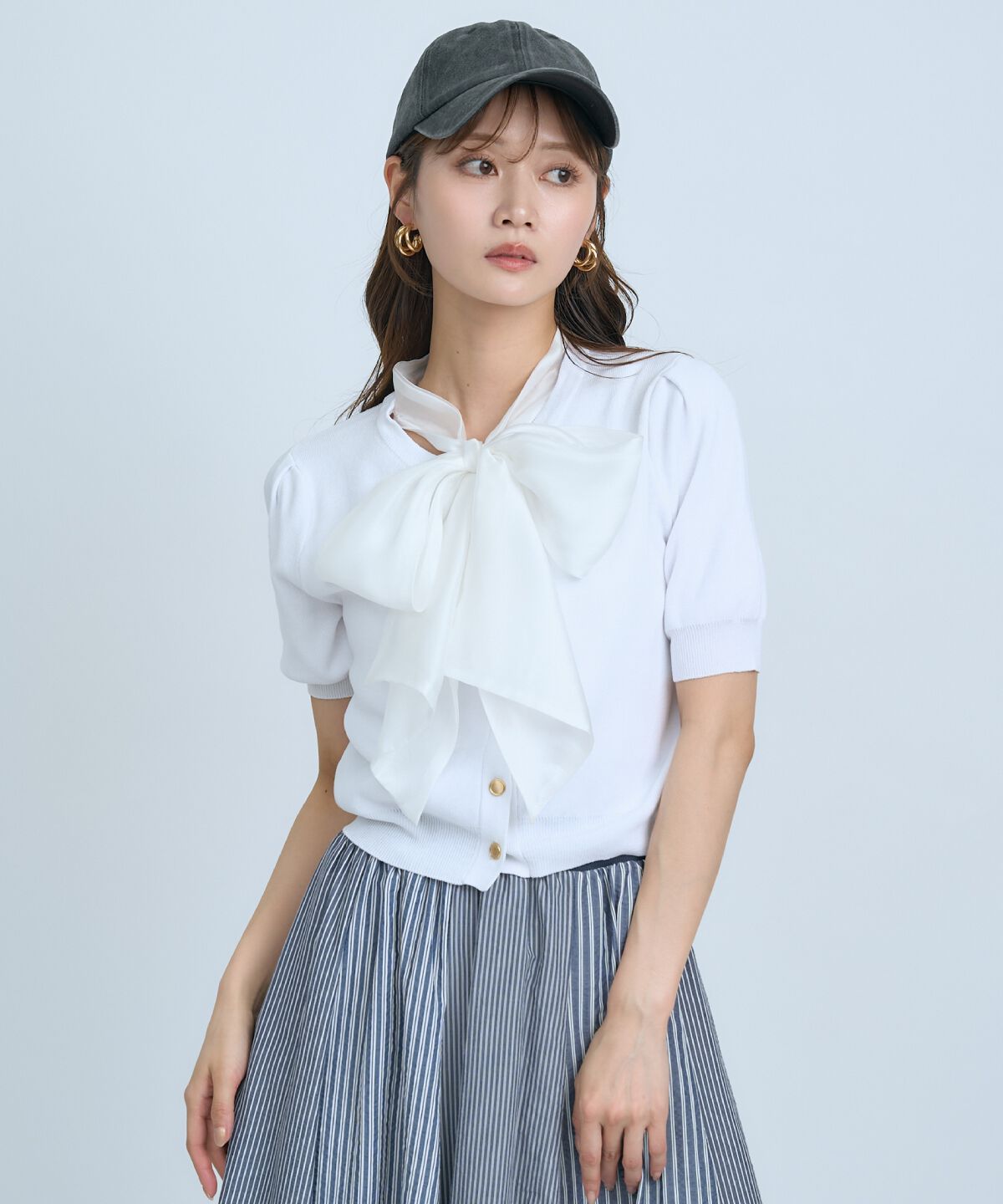 アンドクチュール「異素材リボン半袖ニットカーディガン」|カーディガン|