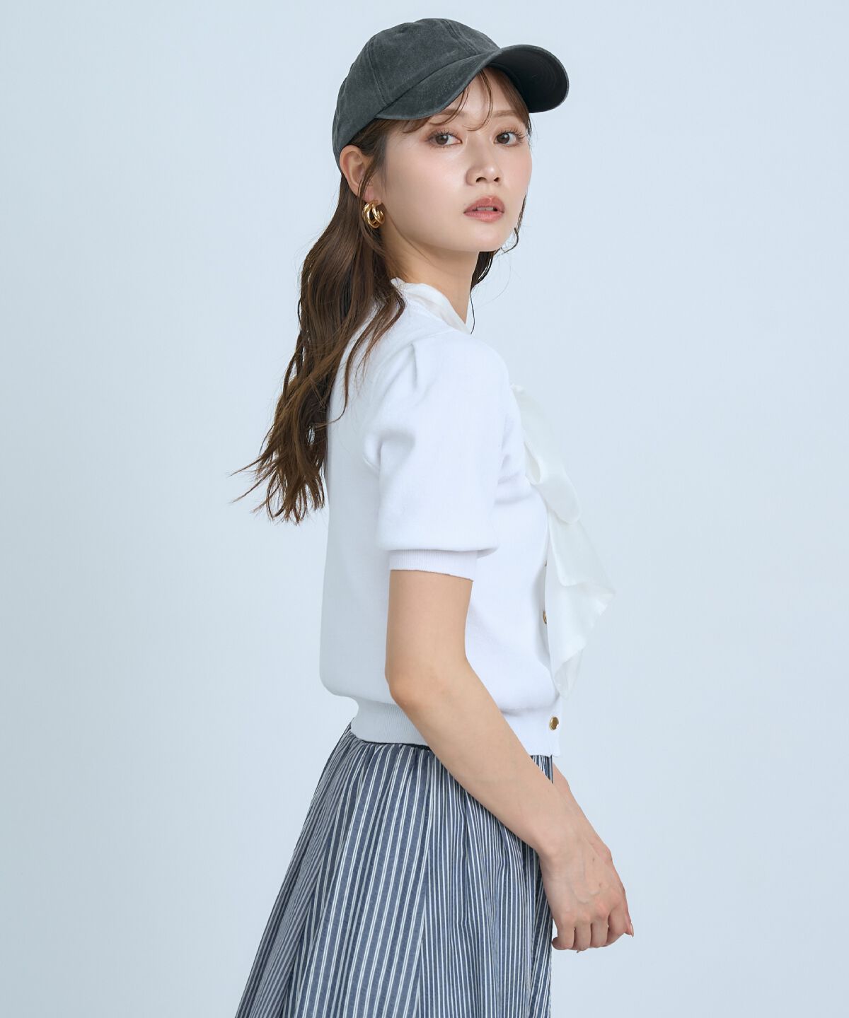 アンドクチュール「異素材リボン半袖ニットカーディガン」|カーディガン|