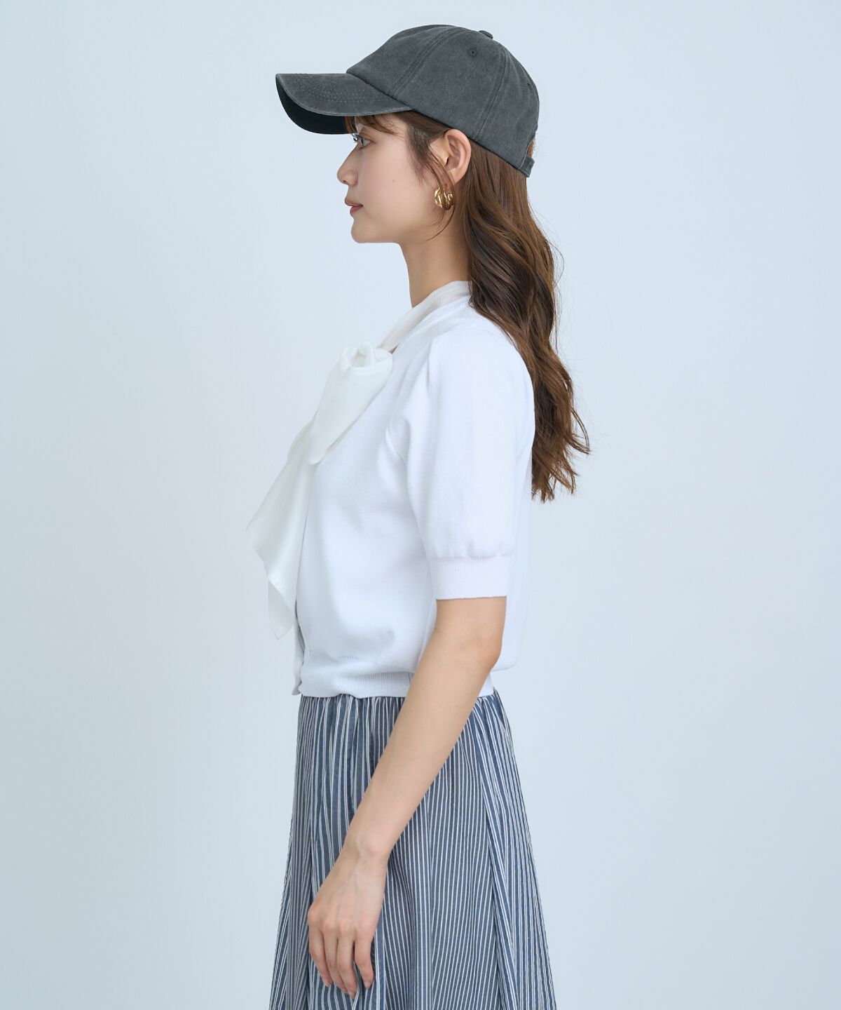 アンドクチュール「異素材リボン半袖ニットカーディガン」|カーディガン|