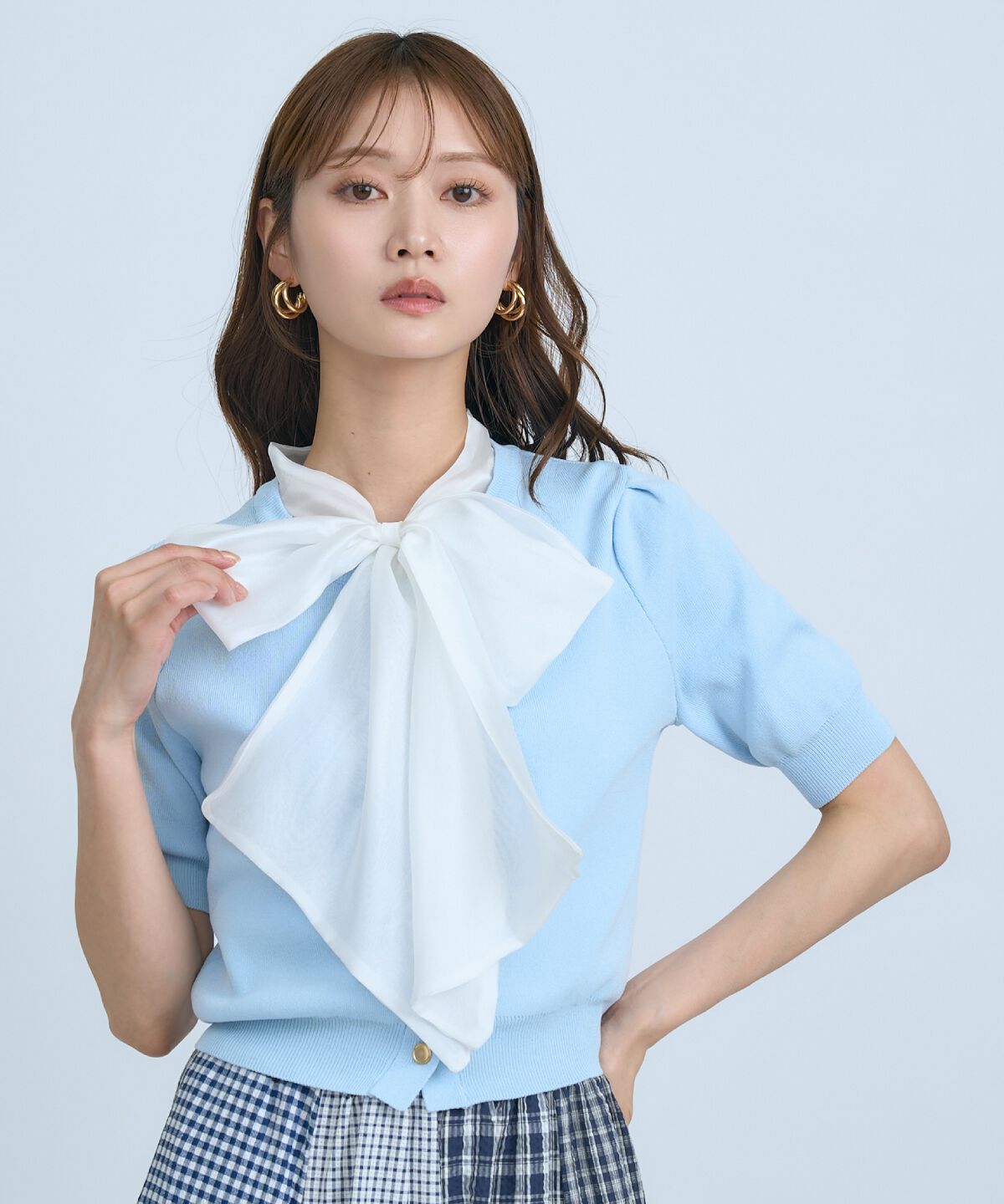 アンドクチュール「異素材リボン半袖ニットカーディガン」|カーディガン|