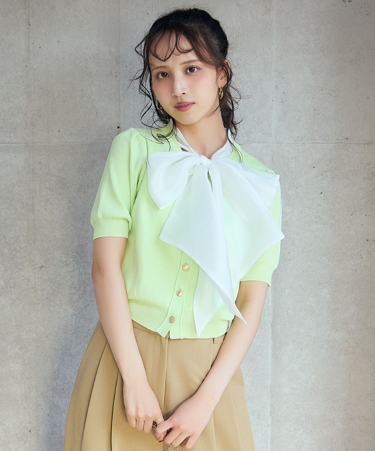 アンドクチュール「異素材リボン半袖ニットカーディガン」|カーディガン|