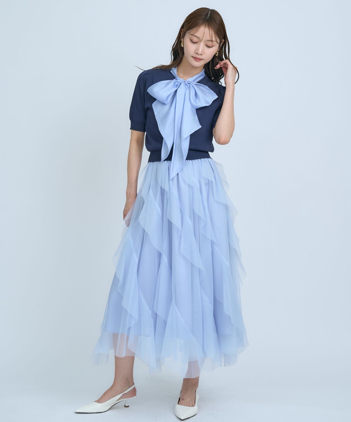 アンドクチュール「異素材リボン半袖ニットカーディガン」|カーディガン|