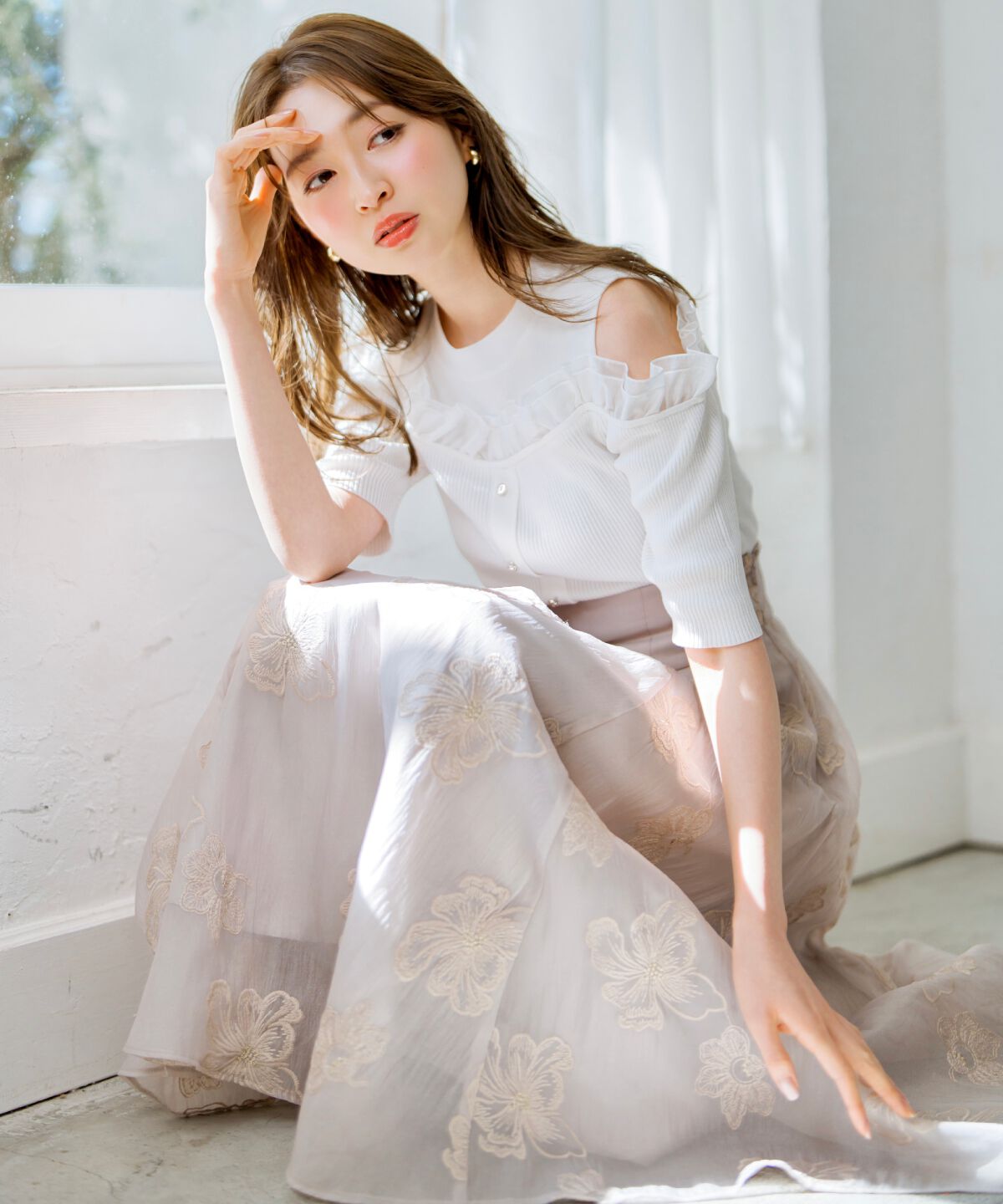 WILLSELECTION「フラワー刺繍シアースカート」|フレア|