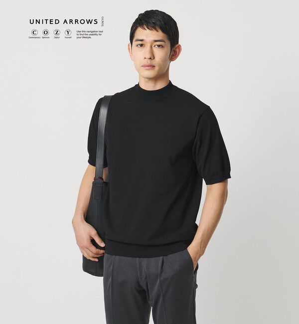 UNITED ARROWS「ショートスリーブ モックネック ニットTシャツ UA COZY ウォッシャブル 抗菌防臭」|Tシャツ・カットソー|BLACK