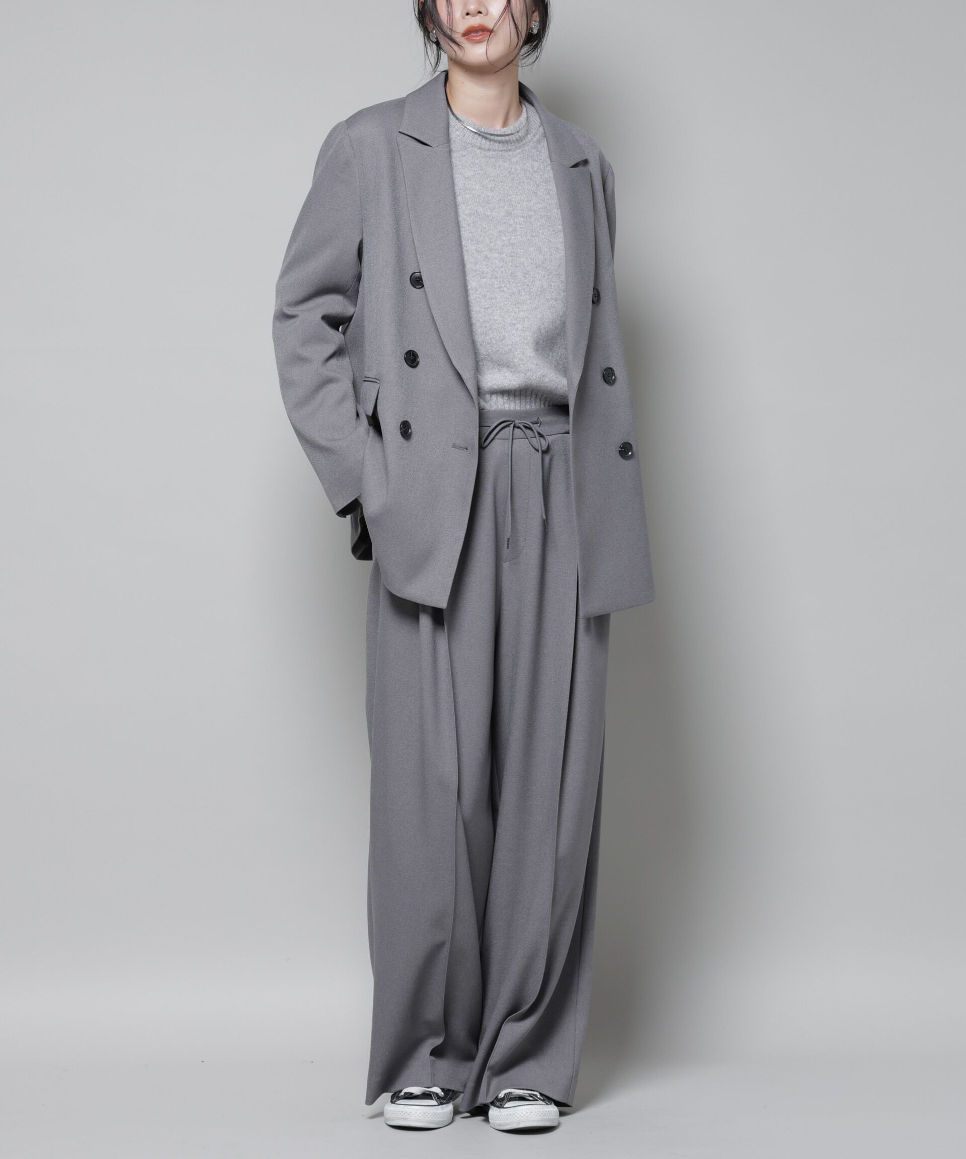 nano･universe「ストレッチサージピンタックイージーワイドパンツ(セットアップ可)」|チノ|グレー