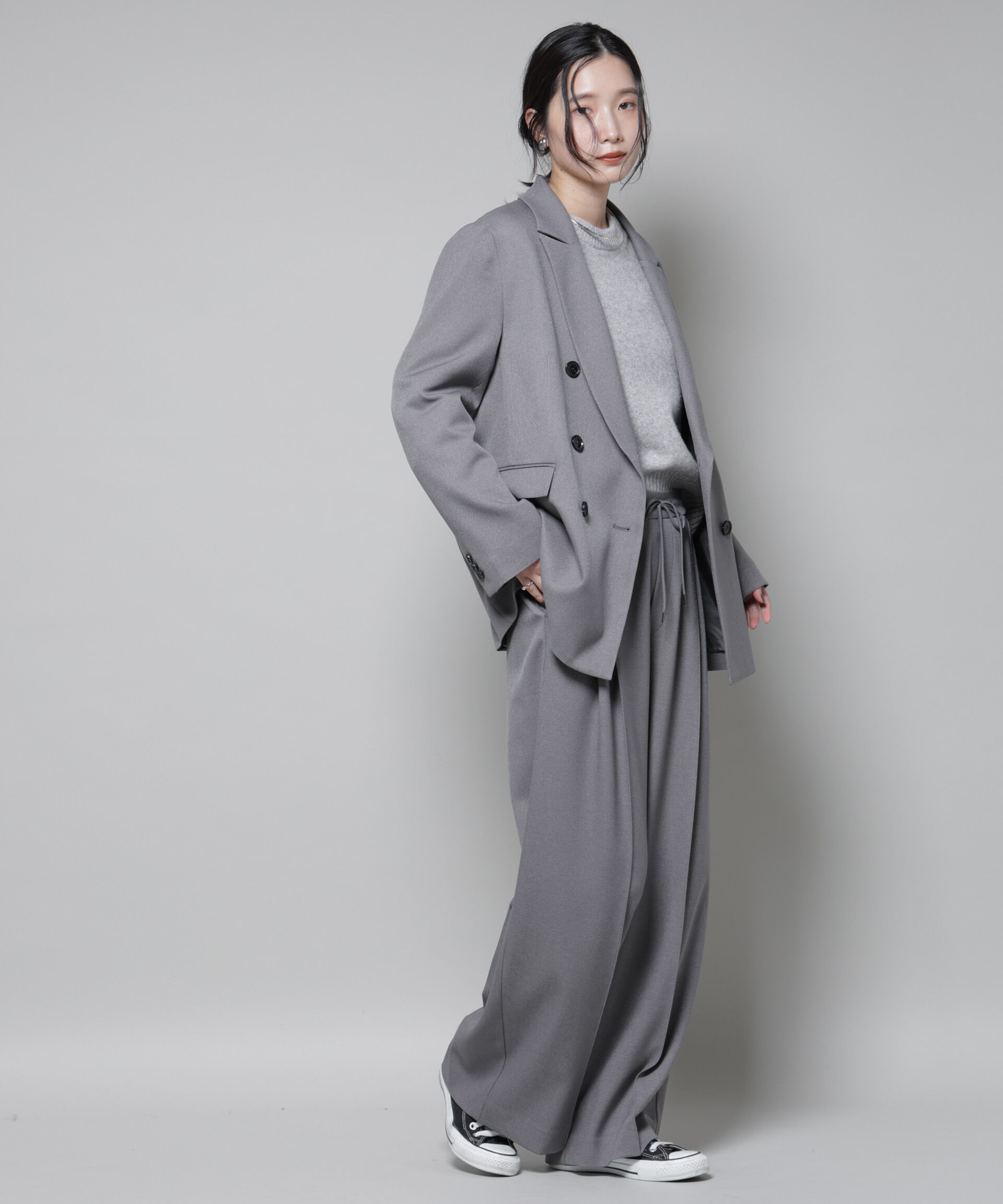 nano･universe「ストレッチサージピンタックイージーワイドパンツ(セットアップ可)」|チノ|