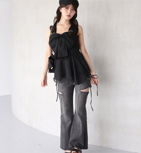  「【SMサイズ展開あり】サイドスリットリボン美脚デニムパンツ」|その他|