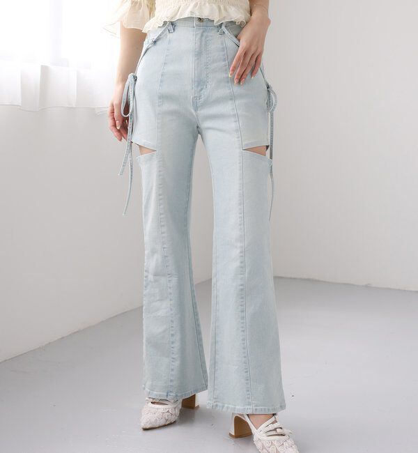  「【SMサイズ展開あり】サイドスリットリボン美脚デニムパンツ」|その他|サックスブルー