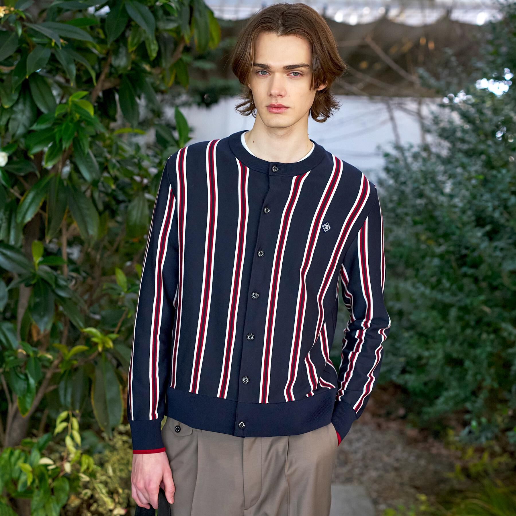 DRESSTERIOR「【ウォッシャブル】ウールレーヨン ストライプラウンドネックカーディガン」|カーディガン|ネイビー(294)