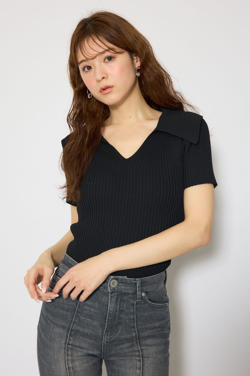 rienda「BIGカラーニットトップス」|ニット・セーター|BLK