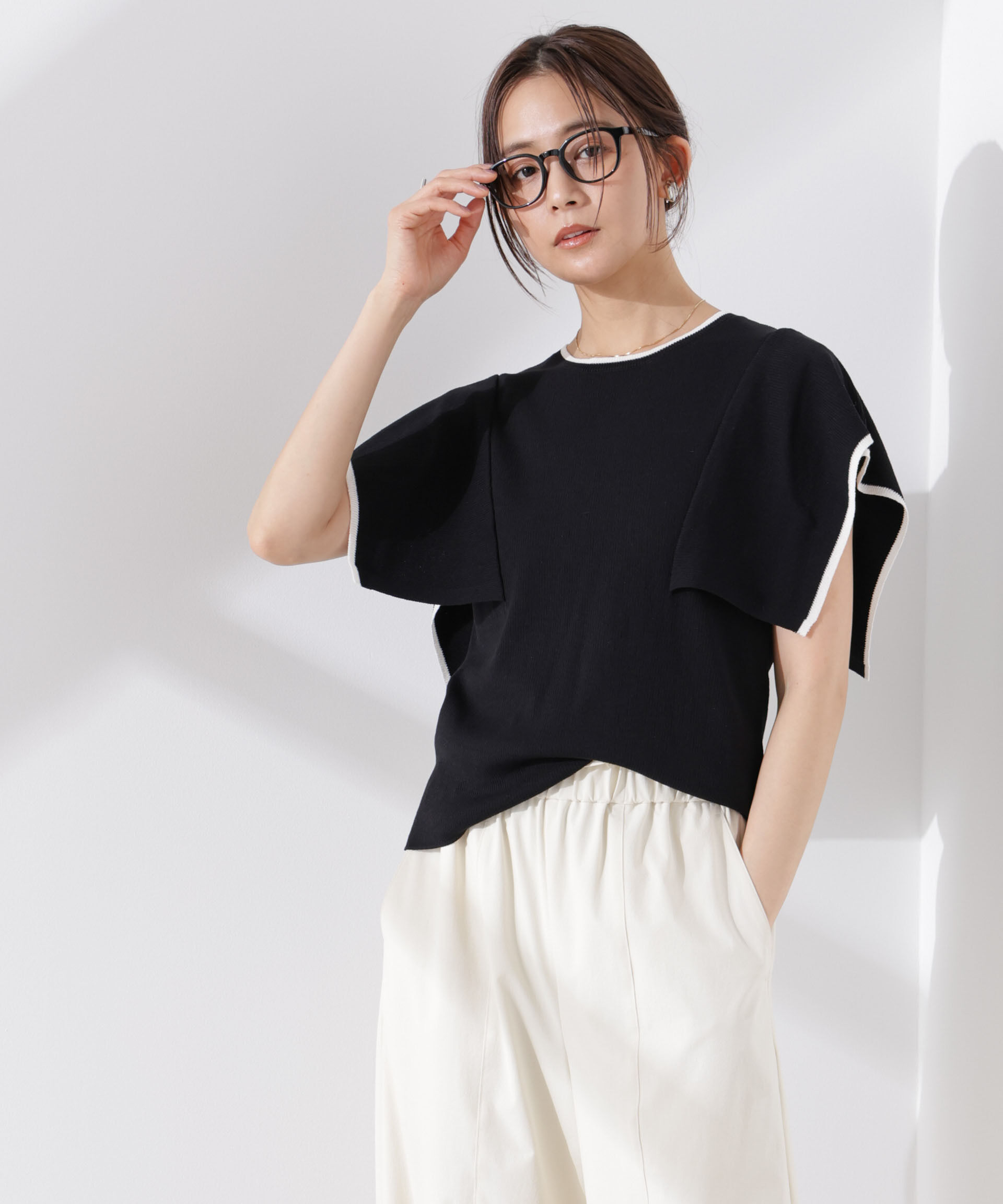 nano･universe「スクエアスリーブバイカラーニット」|ニット・セーター|