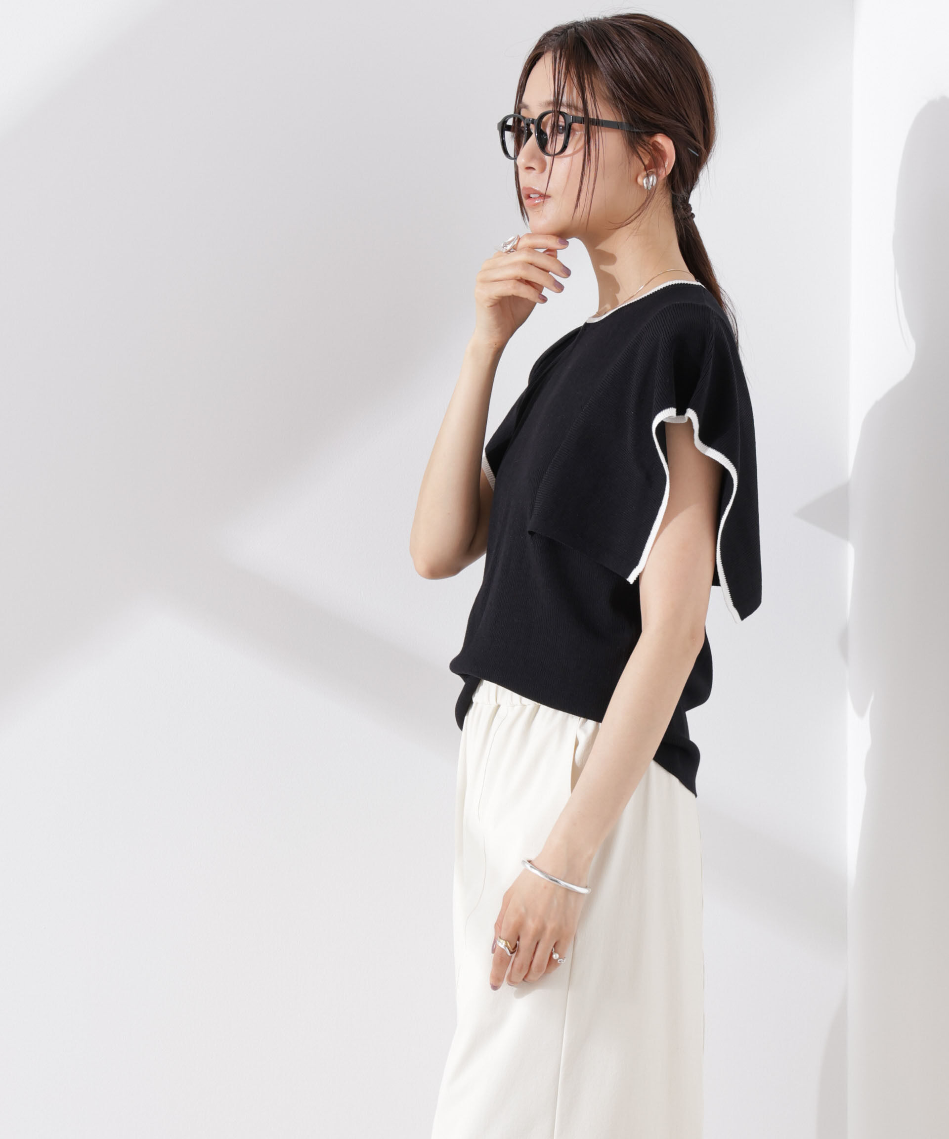 nano･universe「スクエアスリーブバイカラーニット」|ニット・セーター|