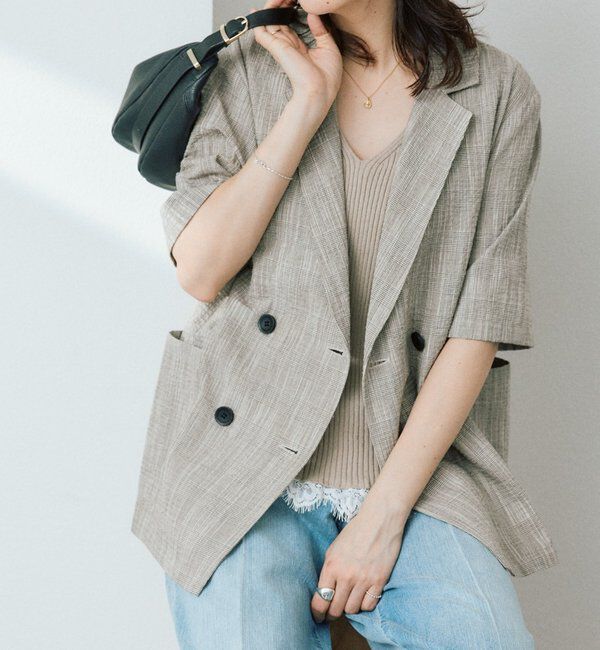  「予約【こなれた印象に】バンピーチェックハーフスリーブジャケット」|テーラードジャケット|ブラウン