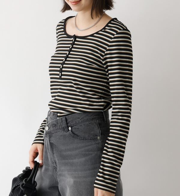 abahouse mavie「ボーダーヘンリーネックプルオーバー」|Tシャツ・カットソー|ブラック