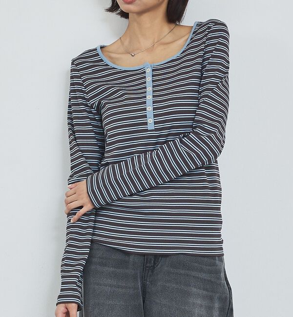 abahouse mavie「ボーダーヘンリーネックプルオーバー」|Tシャツ・カットソー|グレー