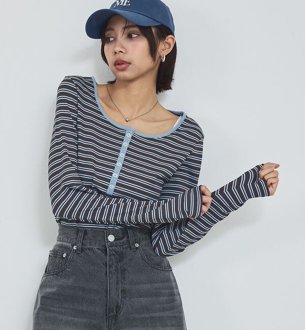 abahouse mavie「ボーダーヘンリーネックプルオーバー」|Tシャツ・カットソー|