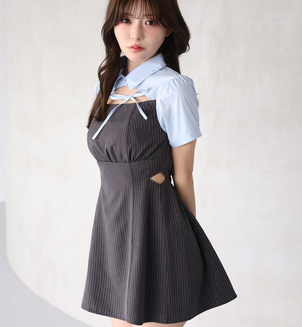  「サイドカット異素材ミニワンピース」|ワンピース|