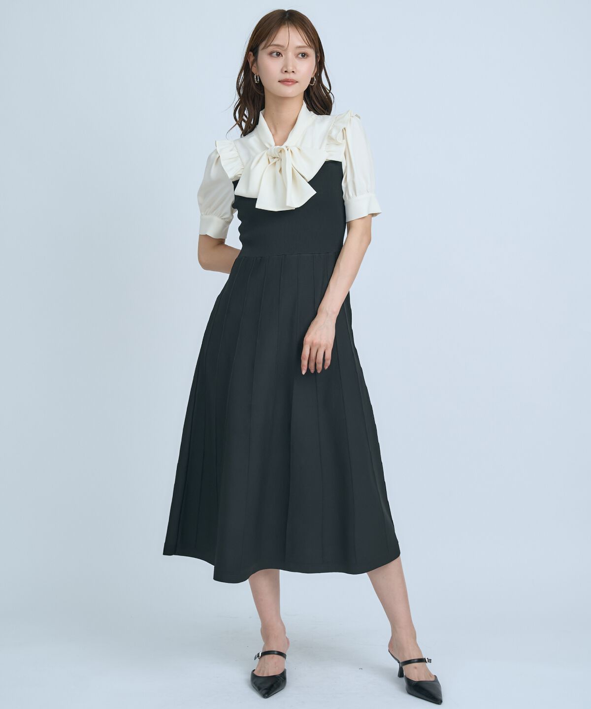 アンドクチュール「ニットビスチェ風ボウタイワンピース」|ワンピース|