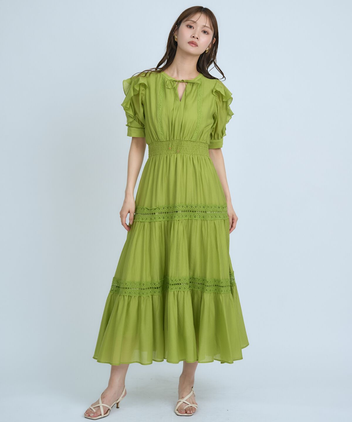 アンドクチュール「フリルスリーブレースティアードワンピース」|ワンピース|グリーン