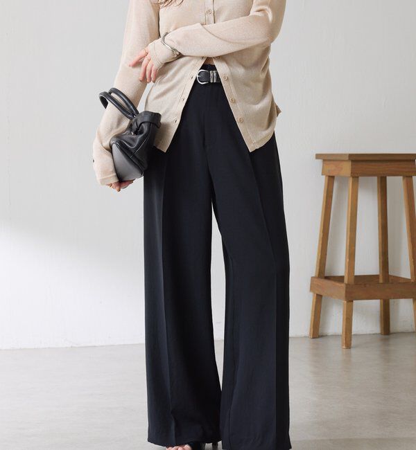  「《マイナス3kg見え/サイズ展開豊富》ジャージワイドパンツ」|スラックス|ブラック