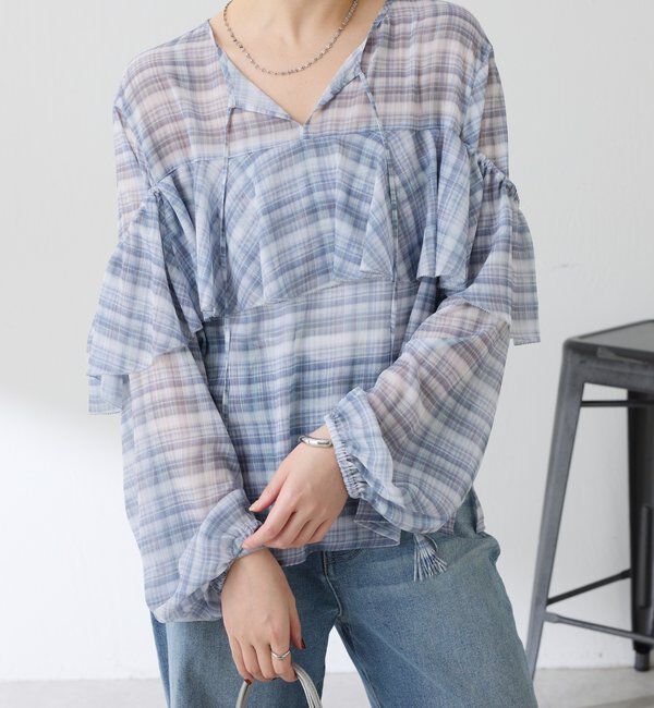  「チェックシフォンラッフルブラウス」|シャツ・ブラウス|