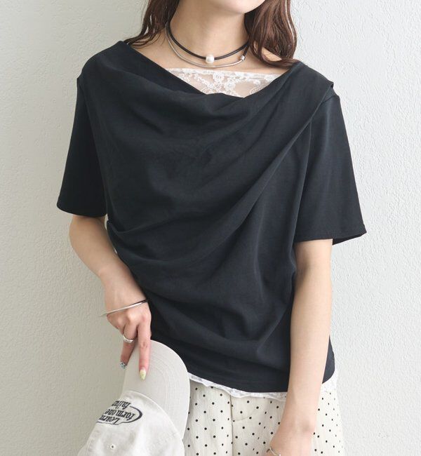  「レースドッキングオフショル半袖Tシャツ」|Tシャツ・カットソー|ブラック