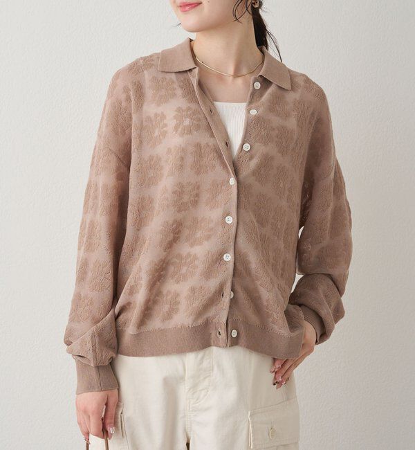  「透かし編み花柄ジャガード襟付カーディガン」|カーディガン|ベージュ