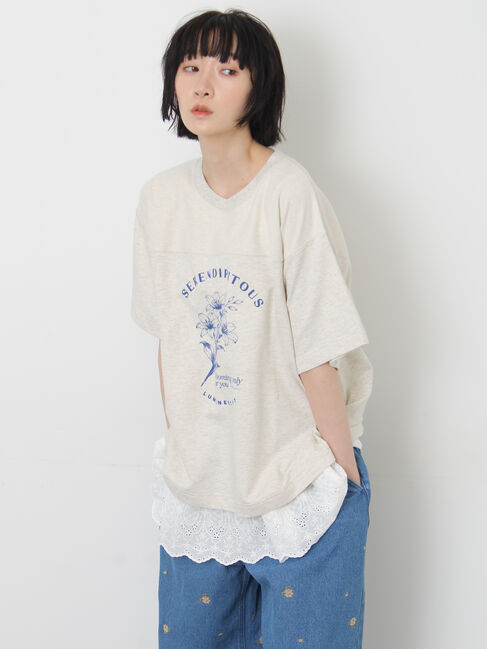Samansa Mos2「【接触冷感】ミニ裏毛切替フラワープリントTシャツ」|Tシャツ・カットソー|グレー