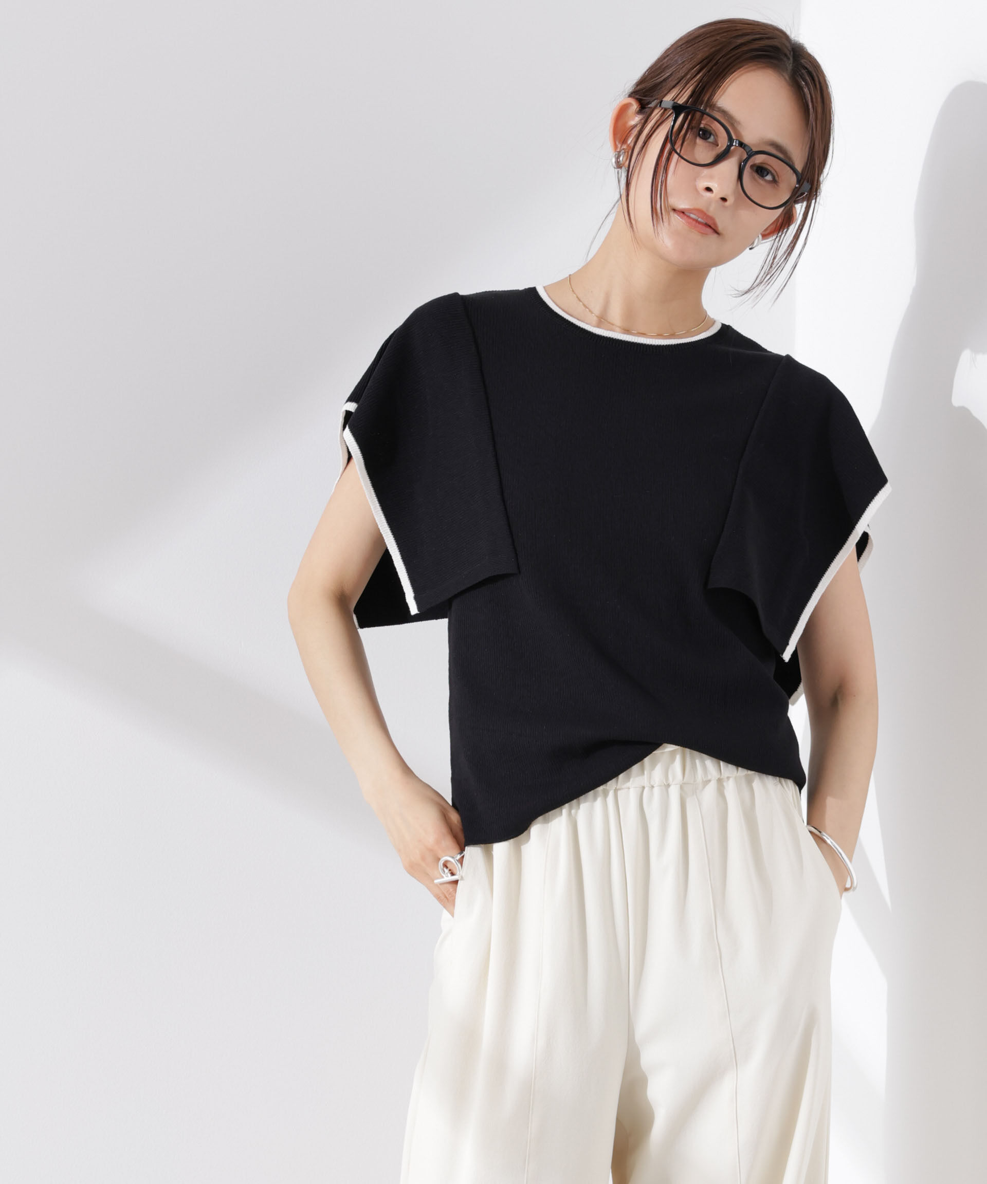 nano･universe「スクエアスリーブバイカラーニット」|ニット・セーター|ブラック