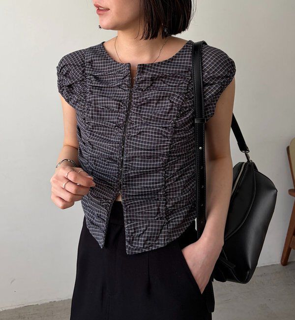  「【洗濯可/着やせ効果◎】チェックギャザーブラウス」|シャツ・ブラウス|ブラウン