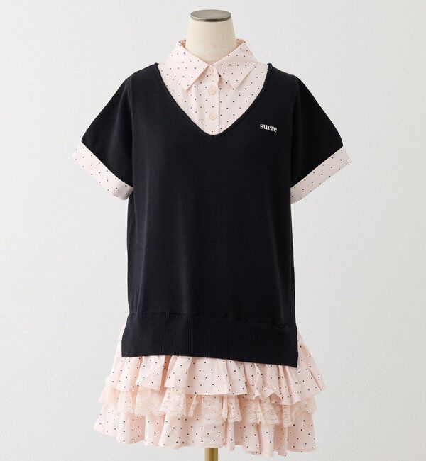  「ニットドッキング半袖シャツチュニック」|ワンピース|ブラック