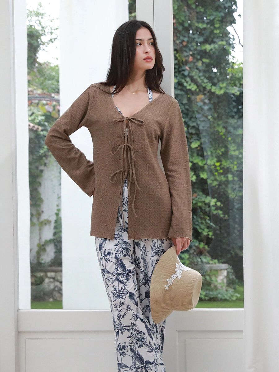 PEAK&PINE「【新作】ジャガード風ロング丈リボンカーディガン」|スポーツ|ブラウン